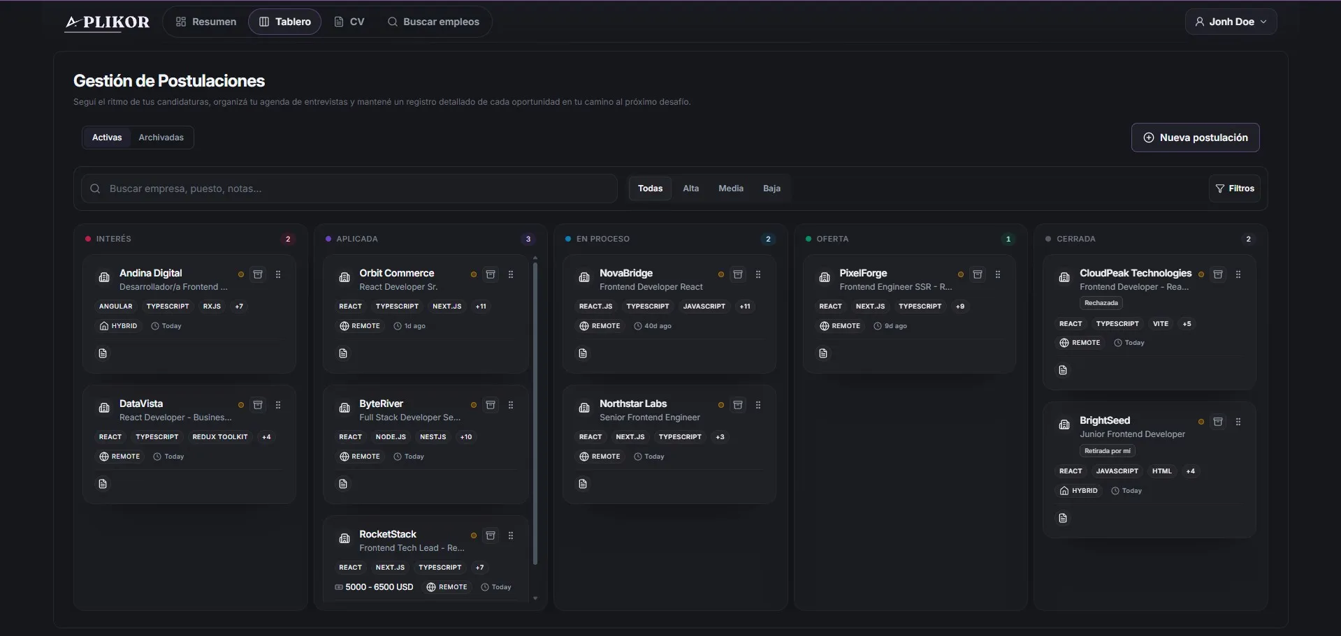 The application board with sample data: the Interest, Applied, In progress, Offer and Closed columns, each card showing the company, the role, the stack and the work mode.