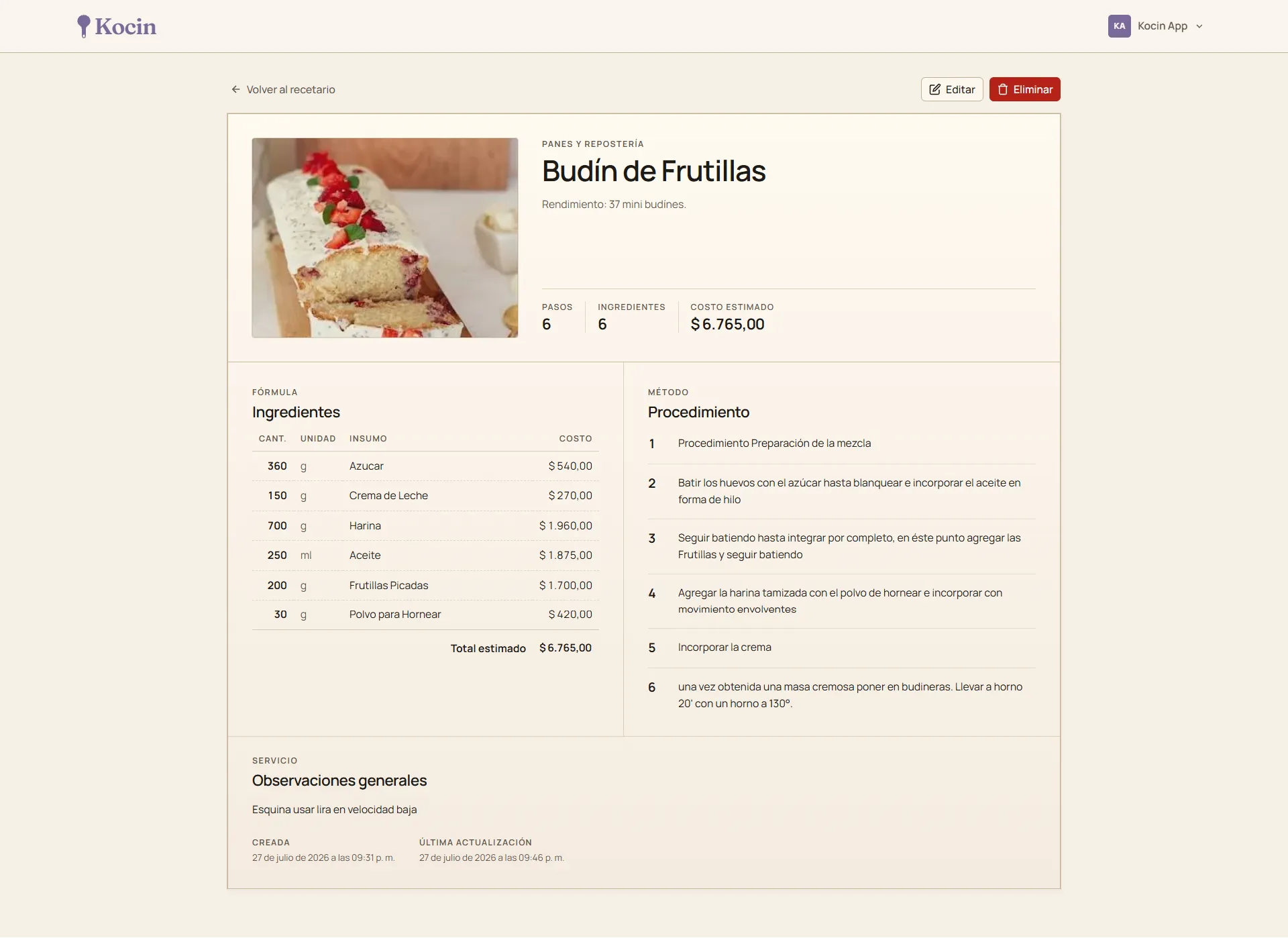 A recipe open: the yield in portions, the six ingredients with their exact quantity and what each one costs, and the batch total estimated at 6,765 pesos.