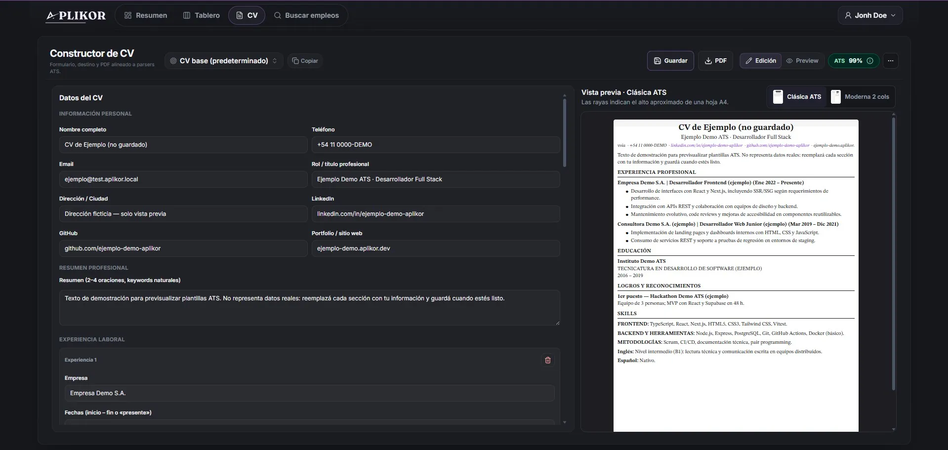 The CV builder: the form on the left and the ATS-template preview on the right, with the ATS score at 99 out of 100.