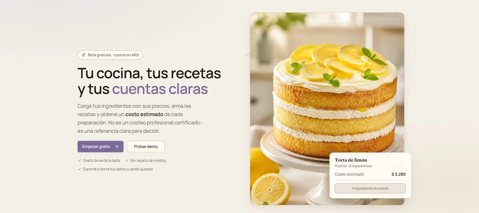Landing de Kocin: el titular «Tu cocina, tus recetas y tus cuentas claras» junto a la foto de una torta de limón, con la tarjeta de costo estimado de la receta.