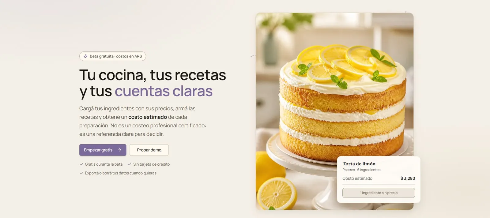 Kocin landing page: the headline about clear recipes and clear numbers next to a photo of a lemon cake, with the card showing the recipe's estimated cost.