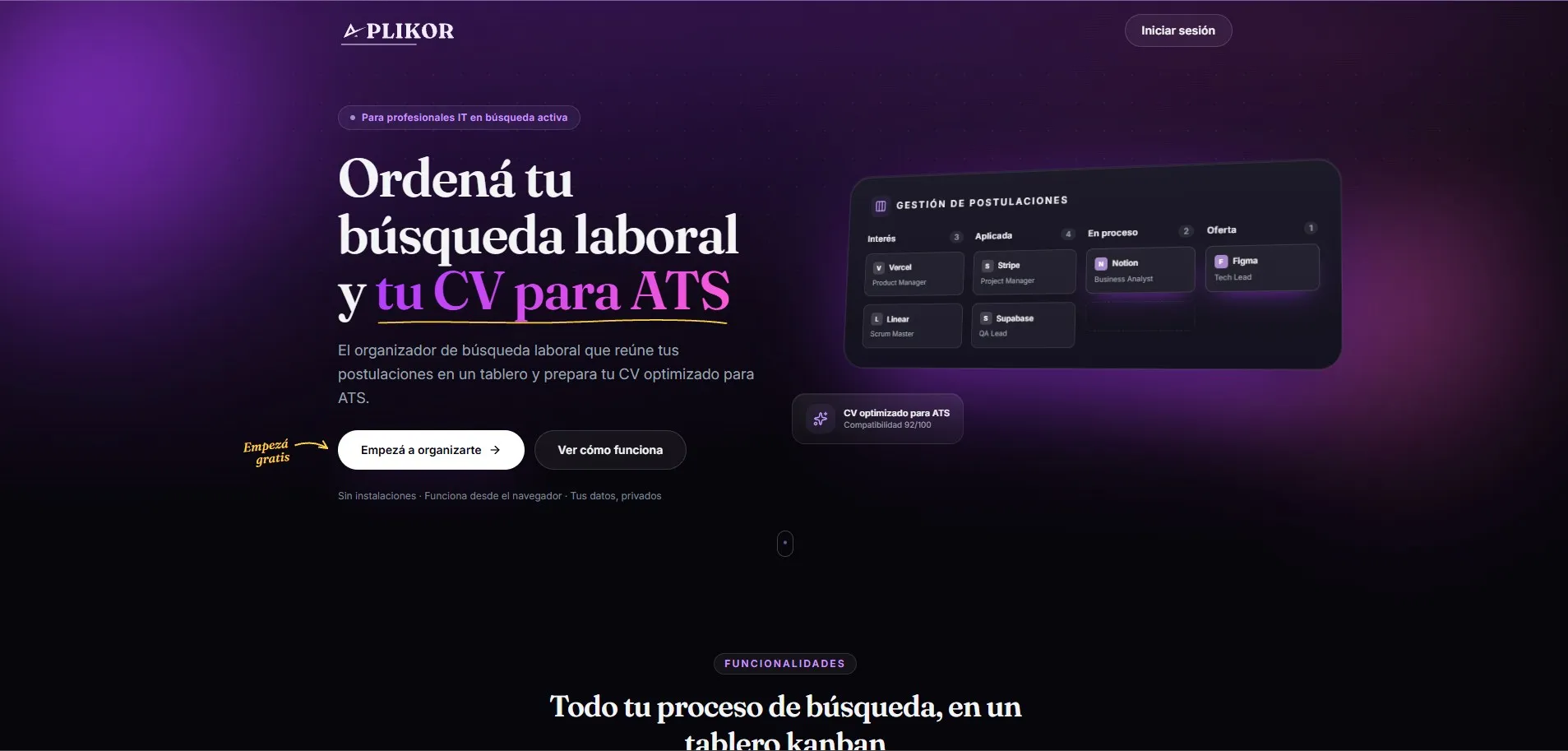 Aplikor landing page: the headline over a dark purple background next to the application board with its Interest, Applied, In progress and Offer columns.