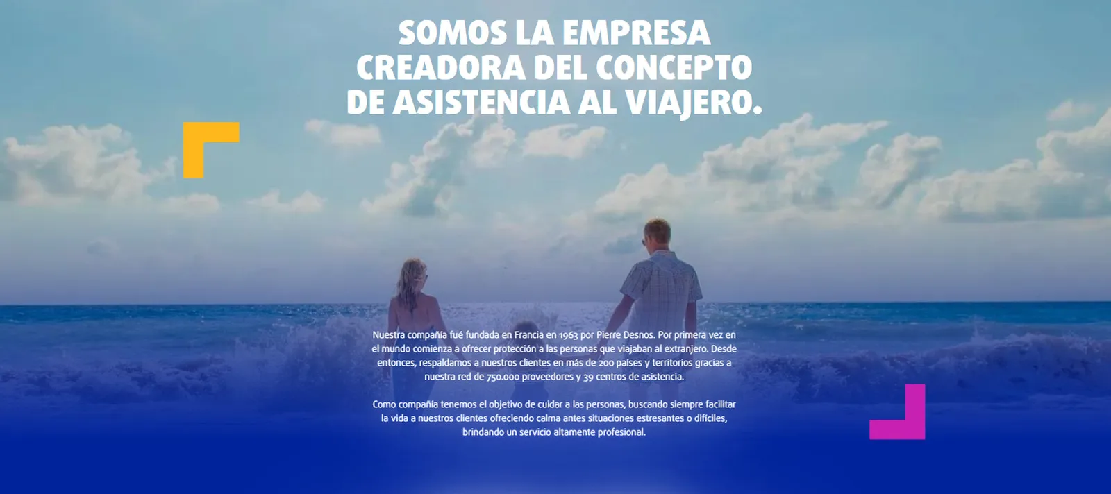 Brand section of the Europ Assistance Argentina home page: the headline "We are the company that created the concept of travel assistance" over a photo of a family walking into the sea, with the brand's yellow and magenta corner marks.